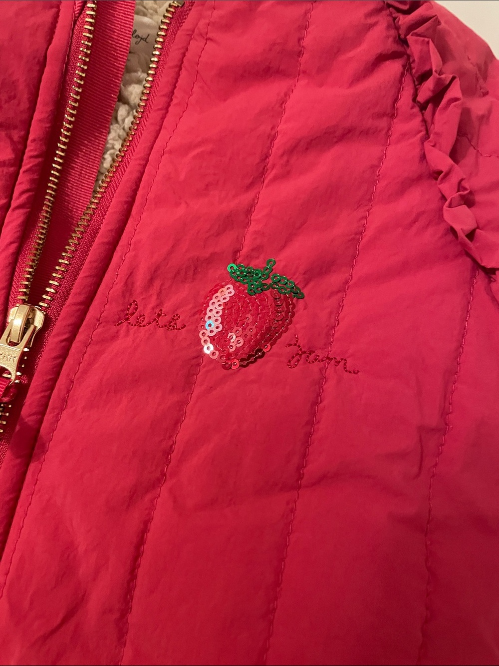 Konges Slojd Girls' Red Quilted Bomber Jacket with Strawberry Patch Size 2 Years - Picture 2 of 9